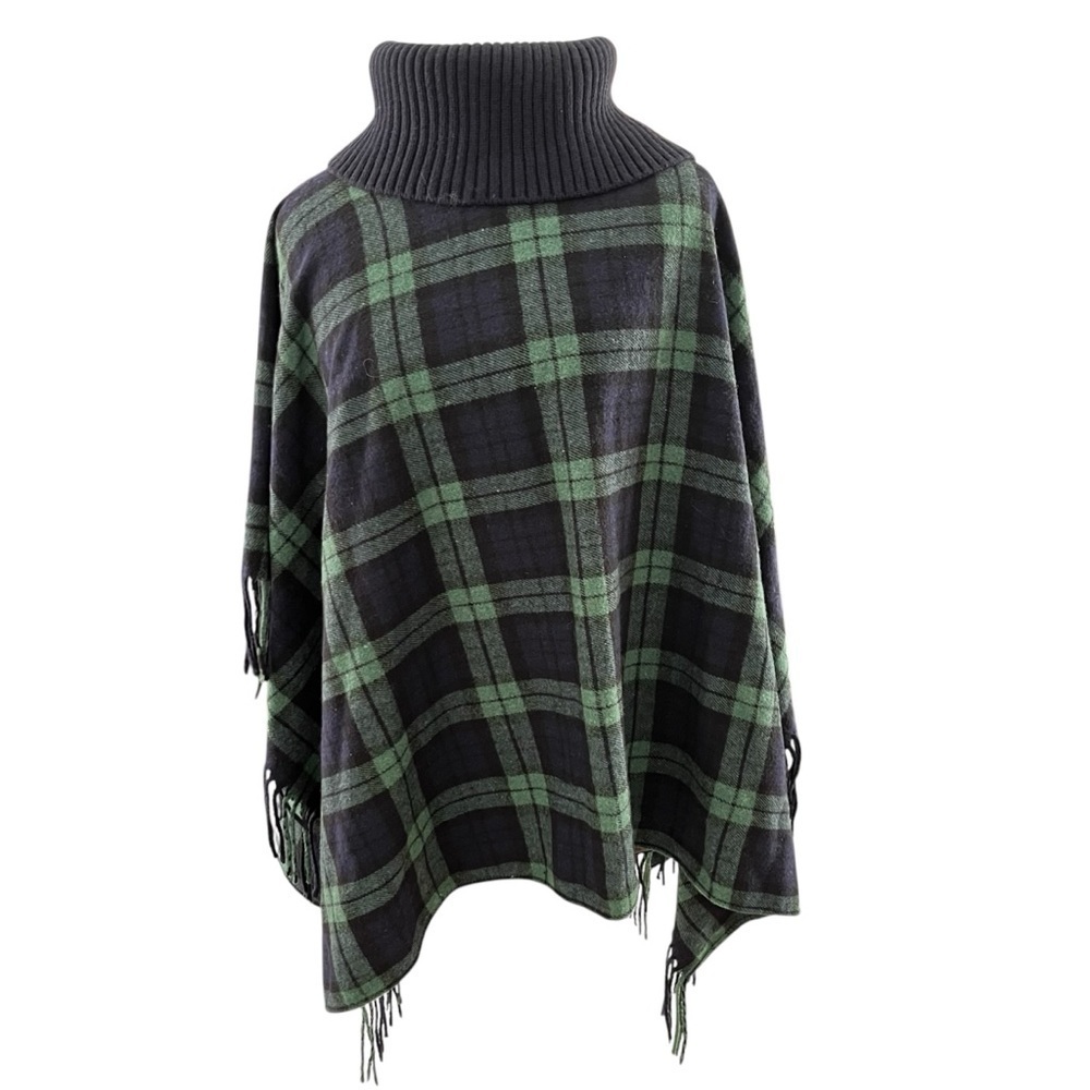 Talbots Green Blue Tartan Plaid Fronted Turtleneck Poncho Small Or OS